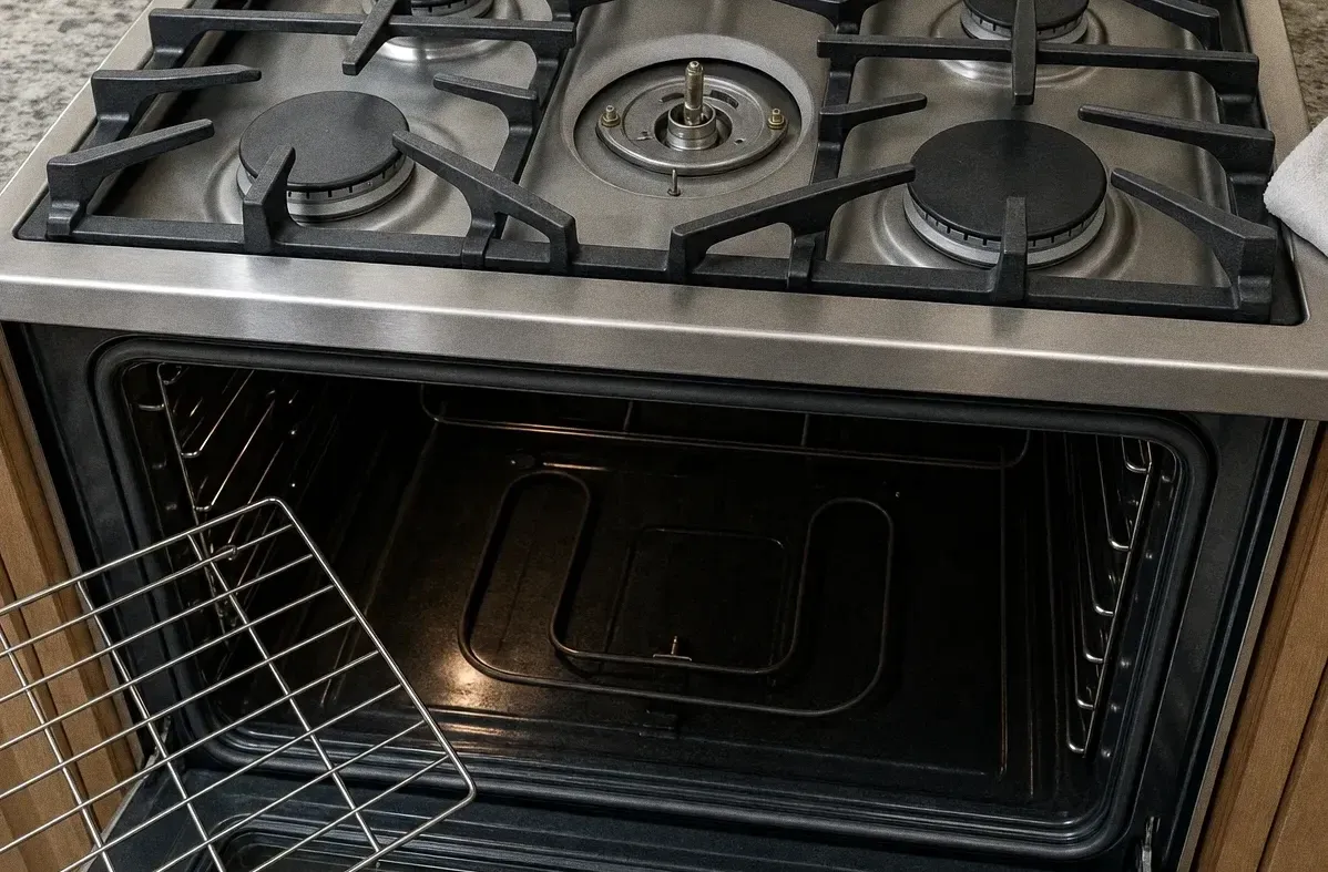 Cast iron grates and sealed gas burners across a rangetop, with the oven open below and a rack propped on the door
