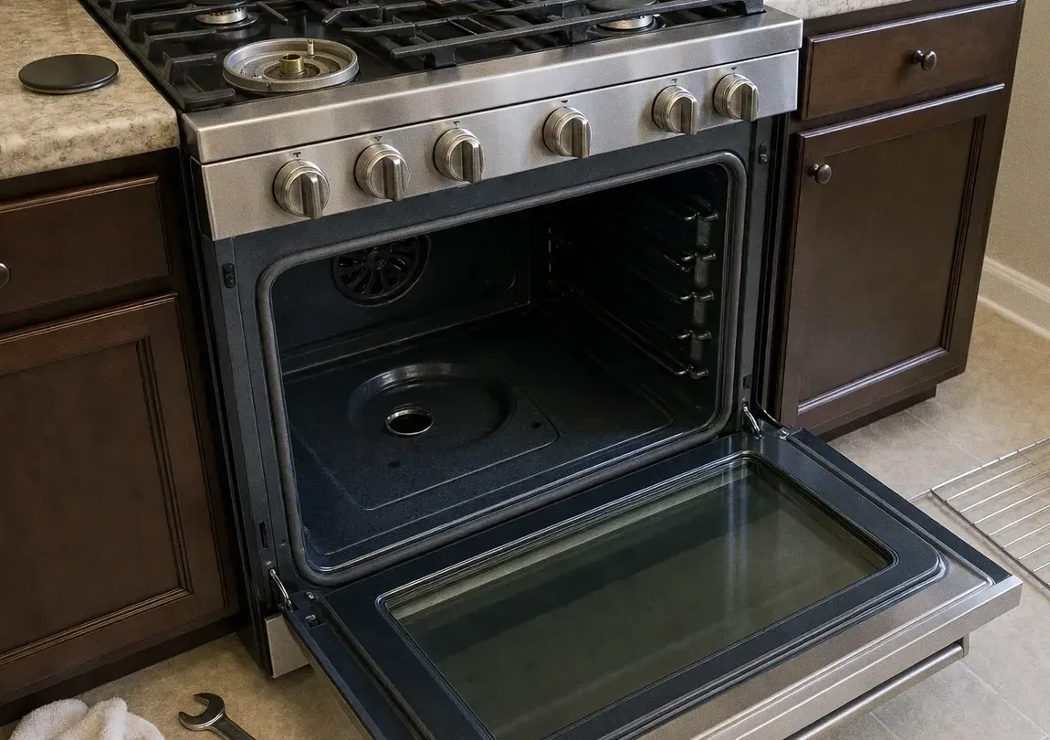 Open oven cavity in dark brown cabinetry, the round convection cover and fan housing visible on the back wall