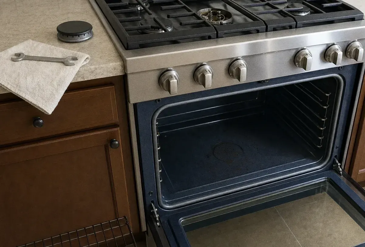 Angled view across a stainless range front with a folded cloth and a burner cap on the cooktop and a rack on the tiled floor