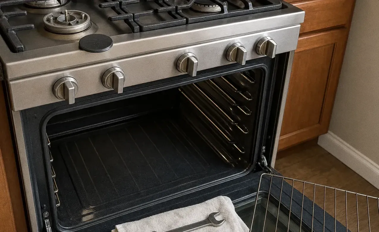 Oven door open with both racks removed, the racks and a wrench resting on a cloth on the floor beside the cabinets