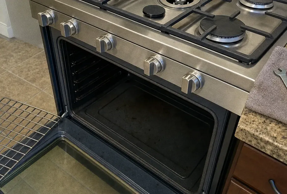 Close crop of a range control panel and the open oven cavity below, with a granite counter alongside